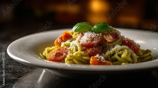 Fototapeta Photograph of pasta with cherry tomatoes, basil, and parmesan cheese served on a white plate.