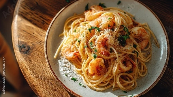 Fototapeta Photograph of shrimp pasta on a rustic wooden plate, garnished with parmesan cheese and herbs.