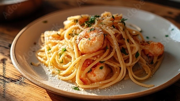 Fototapeta Photograph of spaghetti alle vongole with shrimp, garnished with parsley and parmesan cheese.