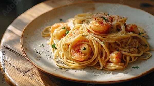 Fototapeta Photograph of shrimp pasta with garlic, white wine, and parmesan cheese on a rustic plate.