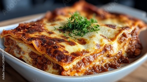 Fototapeta Photograph of a layered lasagna dish with melted cheese and tomato sauce on a white plate.