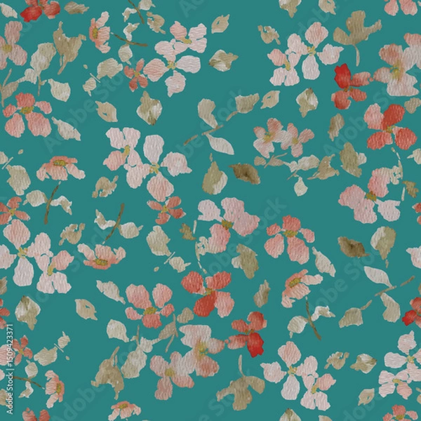 Fototapeta Seamless pattern created from watercolor flower painting with a green background