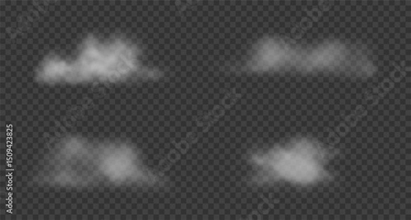 Fototapeta Set of white realistic floating clouds, fog, smoke. Vector illustration. 3d cotton clouds, mist or haze isolated on transparent background