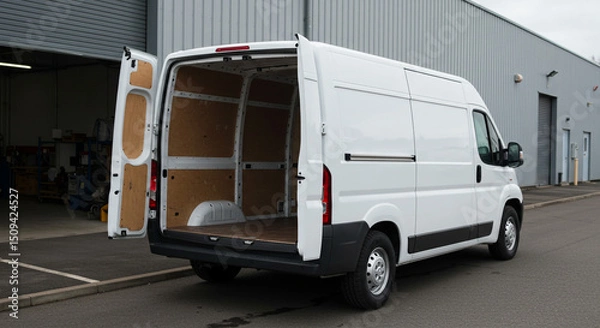 Obraz A white delivery van with open back doors parked in front of a building on a cloudy day outside view
