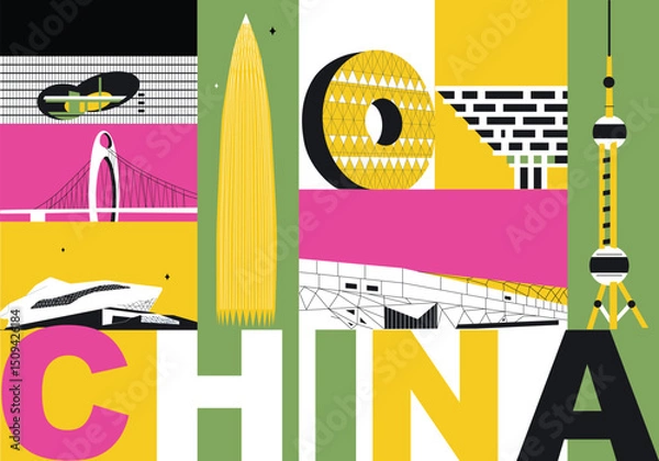Obraz Typography word China branding technology concept. Collection of flat vector web icons. Chinese culture travel set, architectures, specialties detailed silhouette. Doodle Asian famous landmarks.