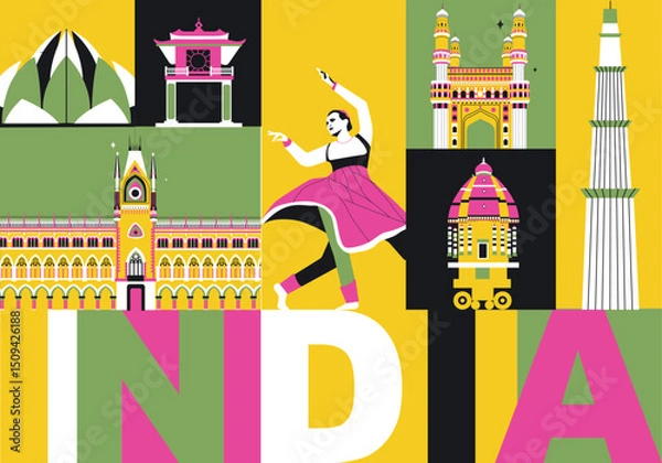 Obraz India culture travel set, famous architectures and specialties in flat design. Business travel and tourism concept clipart. Image for presentation, banner, website, advert, flyer, roadmap, icons