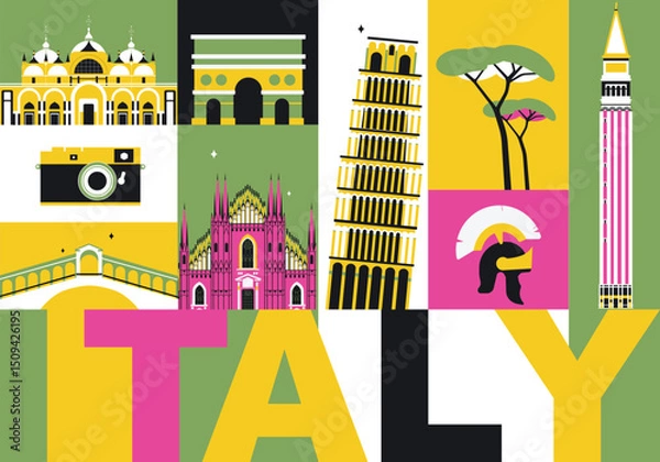 Obraz Typography word "Italy" branding technology concept. Collection of flat vector web icons. Europe culture travel set, famous architectures, specialties detailed silhouette. Italian famous landmark