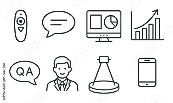 Fototapeta Pitch presentation line icons set – linear, meeting and business communication symbols