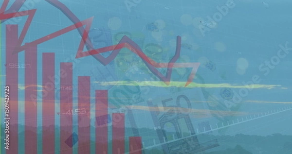 Obraz Image of graphs over moving dots and euro banknotes