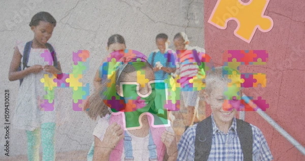 Obraz Image of colorful puzzle and hope over happy diverse school children