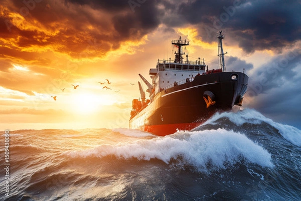 Obraz Cargo ship navigating turbulent waters at sunset with dramatic clouds and seagulls flying