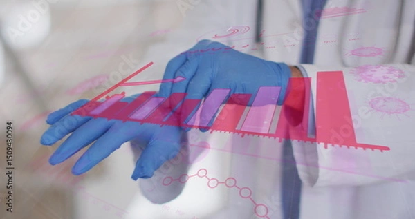 Fototapeta Slipping gloved hands of lab coat-clad scientist at research lab, with digital data overlay