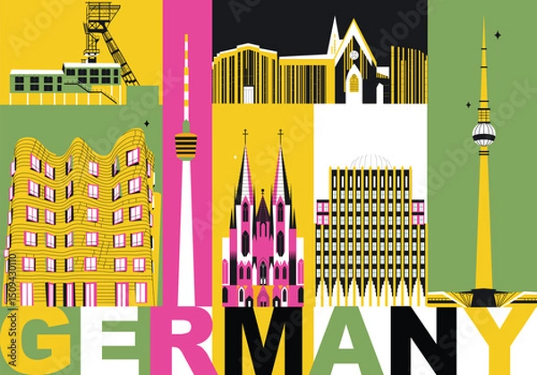 Obraz Typography word "Germany" branding technology concept. Collection of flat vector web icons. Culture travel set, famous architectures, specialties detailed silhouette. European famous landmark.