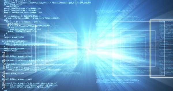 Fototapeta Displaying programming code text streaming through virtual tunnel, with central beam and UI panels