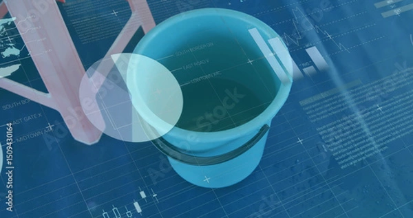 Obraz Image of statistical data processing over close up of stool and bucket against blue background