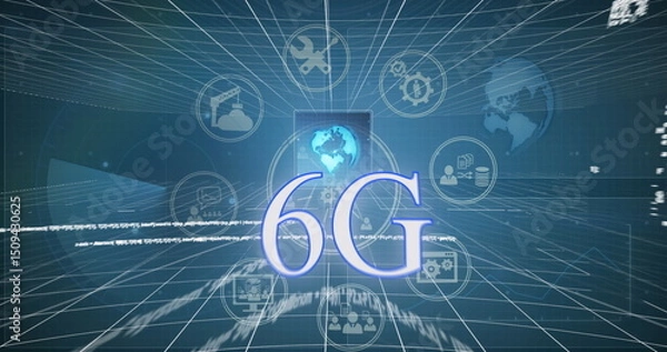 Fototapeta Image of 6g text with business and data sharing icons and data processing