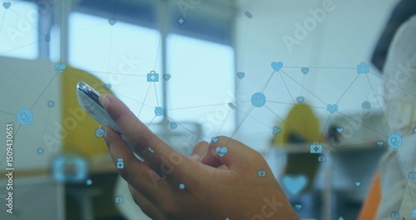Fototapeta Image of network of connections over person using smartphone