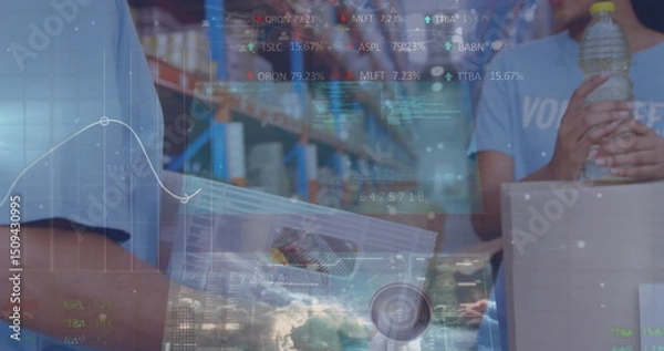 Fototapeta Image of financial data processing over globe and stock market