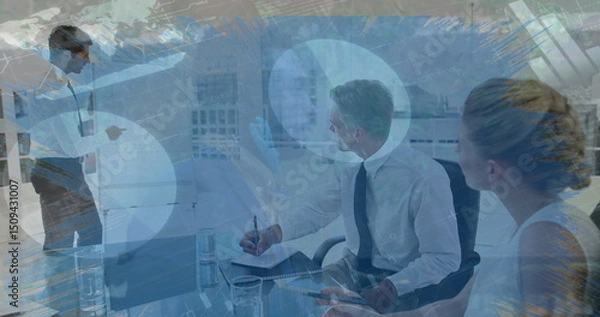 Obraz Image of globe and data processing over business people wearing phone headsets