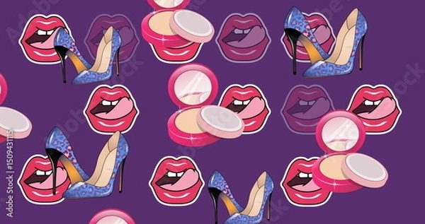 Fototapeta Image of shoes and lips icons over purple background