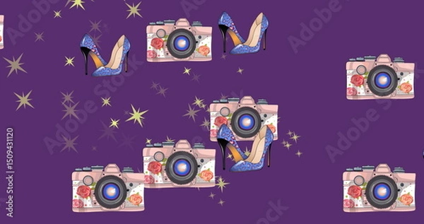 Fototapeta Image of heels, cameras and stars over purple background