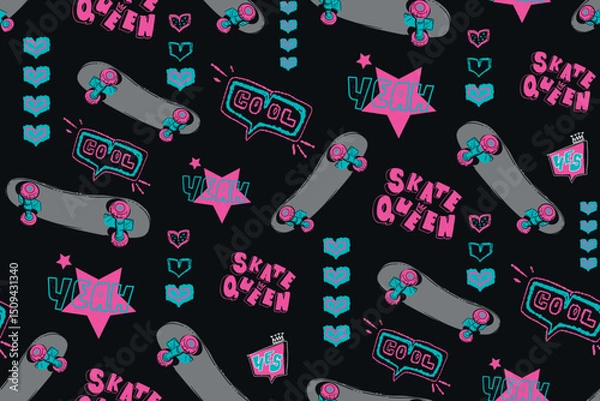 Obraz Abstract seamless girlish pattern with skateboards, stars, motivation phrases, hearts. Repeat print for girl, fashion textile, sport clothes. Skateboarding print