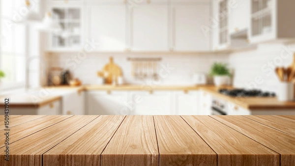 Obraz Empty wooden table placed in front of a kitchen with blurred light and modern wooden counter background. Minimal decoration, suitable for displaying food or decorating the house.