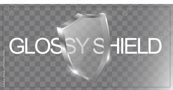 Fototapeta 3D transparent glass shield icon with smooth reflective surfaces on checkered background, ideal for security, protection, branding, UI elements, digital icons, and modern design projects.

