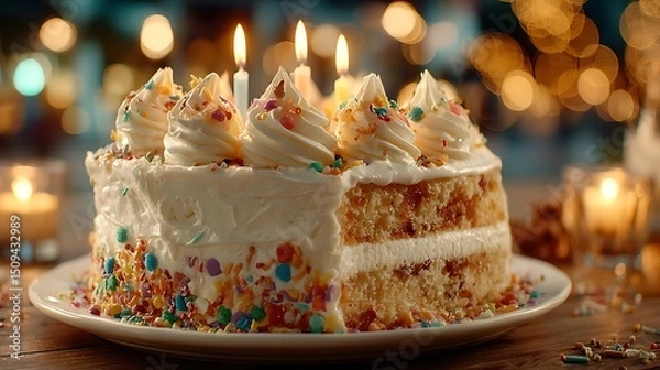 Obraz Festive birthday cake with smooth white frosting and rainbow sprinkles, perfect for celebration baking content and joyful party dessert displays