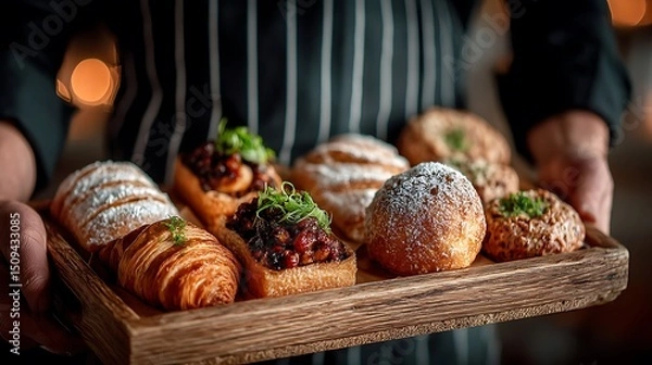 Fototapeta Hands presenting a rustic wooden tray of freshly baked warm pastries, ideal for bakery marketing, food blog visuals, and cozy café advertising