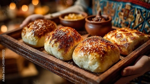 Obraz Hands presenting a rustic wooden tray of freshly baked pastries with steam rising, ideal for bakery websites, food blogs, and cozy café advertising