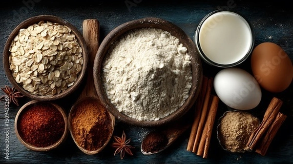 Obraz Healthy baking preparation with oatmeal being poured into milk amid ingredients on dark surface, ideal for breakfast recipes and nutrition blog visuals