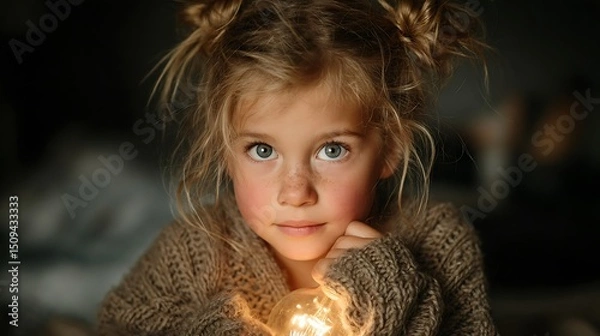Obraz Sweet little girl holding a warm glowing night light in her hands, creating cozy childhood magic perfect for parenting blogs and nursery decor