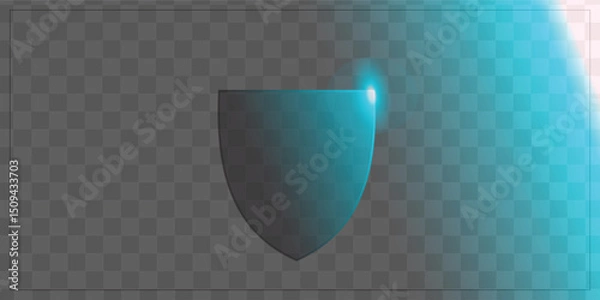 Fototapeta Transparent Modern Glass Shield with Blue Neon Light Outline on Checkerboard Background for Security and Tech Design