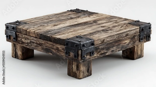 Fototapeta Handcrafted rustic square coffee table with reclaimed wood top and dark metal legs, perfect for farmhouse decor and industrial-chic living room designs