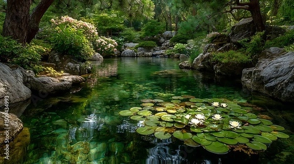 Obraz Tranquil Japanese garden pond with vibrant green water lily pads floating on still water, embodying zen harmony for meditation spaces and nature wall art