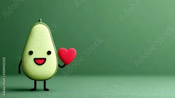 Obraz Smiling Avocado Cartoon Character Holding a Heart: Playful and Wholesome