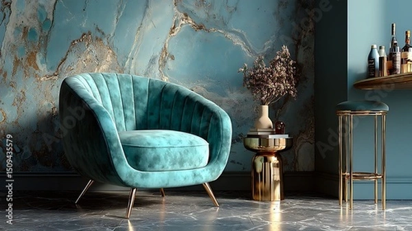 Obraz Luxury teal velvet chair paired with gold bar stool in moody modern lounge, perfect for interior design blogs and upscale hospitality projects