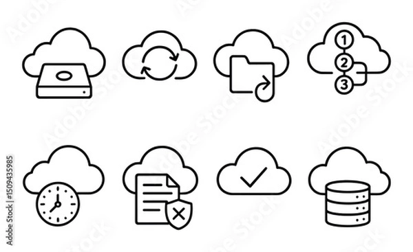 Obraz Cloud backup outline icons set – data security, storage, and digital protection symbols
