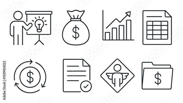 Fototapeta Startup funding icons set – outline, simple and business finance symbols