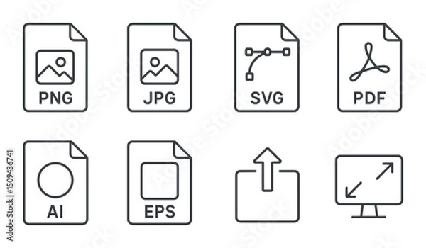 Obraz File format silhouette icons set – outline, document and extension symbol collection