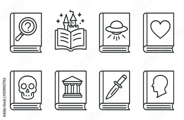 Obraz Book genres outline icons set – silhouette, literature and storytelling symbols