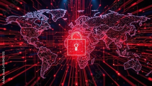 Obraz Security Zero trust concept. Digital world map with a red padlock symbolizing global cybersecurity and data protection, highlighted by network lines and glowing dots.