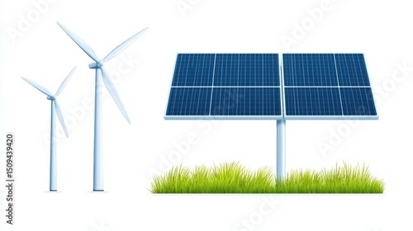 Fototapeta Modern Renewable Energy Sources Featuring Wind Turbines and Solar Panel on White Background