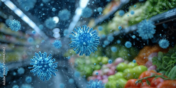 Fototapeta Spreading virus cells hovering in supermarket aisle, illustrating contamination over fresh produce
