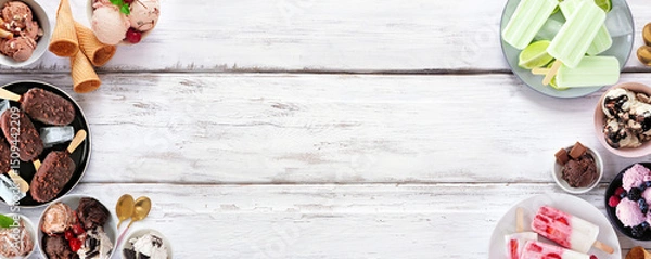 Obraz Cool summer food double border. Variety of ice cream bowls, popsicles and frozen treats. Above view on a white wood banner background. Copy space.