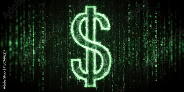 Fototapeta Glowing green dollar icon in digital binary code style on dark cyber background
