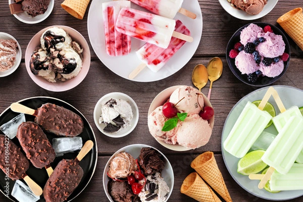 Obraz Cool summer food table scene. Assortment of ice cream bowls, popsicles and frozen treats. Above view on a dark wood background.