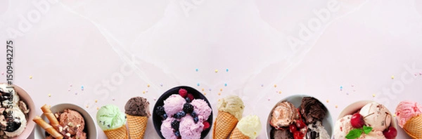Obraz Summer ice cream bottom border. Bowls and cones of colorful assorted flavors. Top view on a soft pink stone banner background. Copy space.
