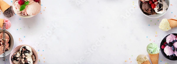 Obraz Summer ice cream double border. Bowls and cones of colorful assorted flavors. Top view on a white marble banner background. Copy space.